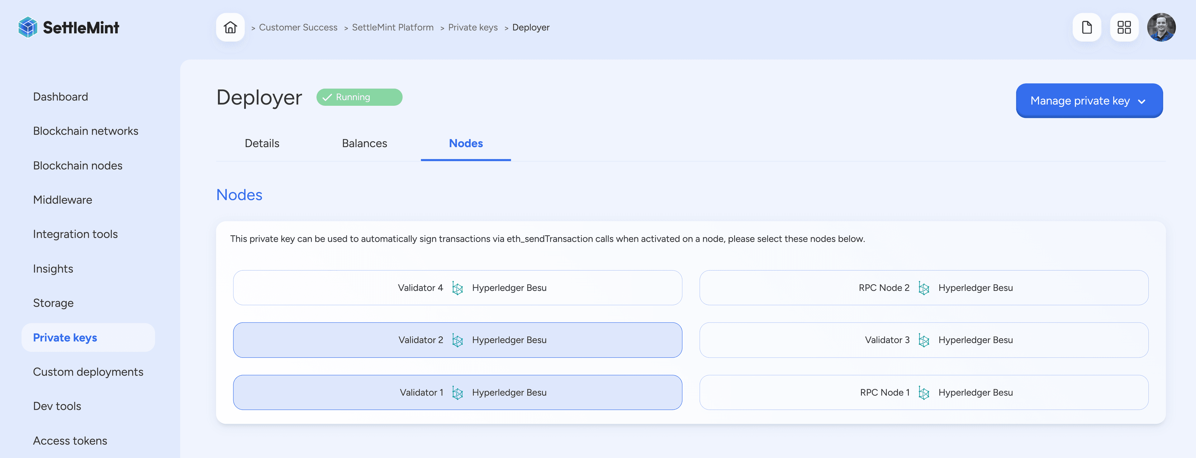 Attach private key to node