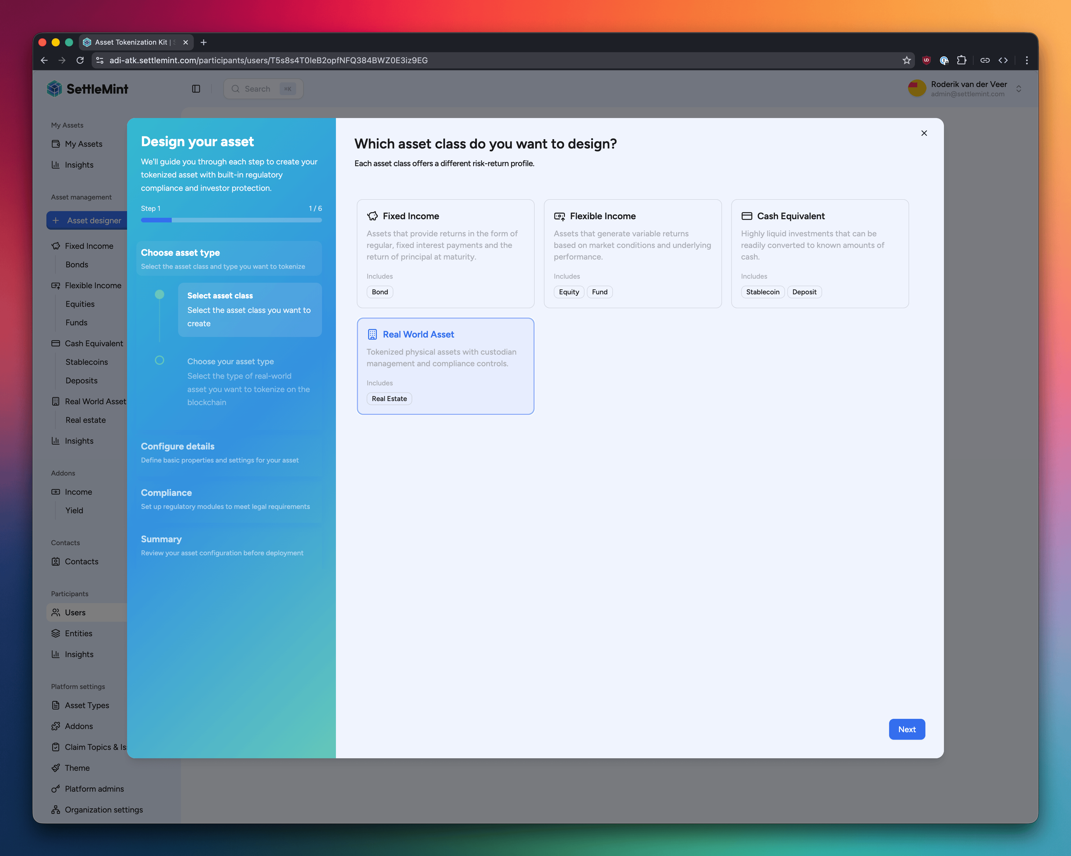 Asset designer interface for creating tokenized assets